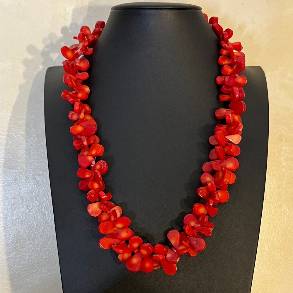Vibrant long red bamboo coral teardrop necklace with silver tone lobster clasp